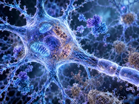 Rappresentazione scientifica di neurone e mitocondri nello studio del ruolo della proteina GRK2 nella malattia di Alzheimer