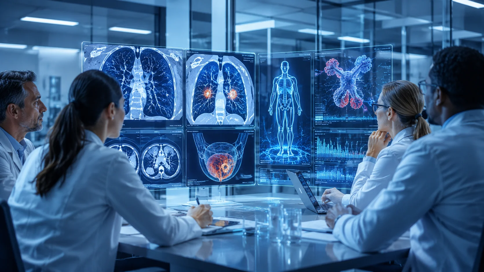 Team medico analizza immagini diagnostiche di polmone e vescica per nuove strategie di immunoterapia con durvalumab